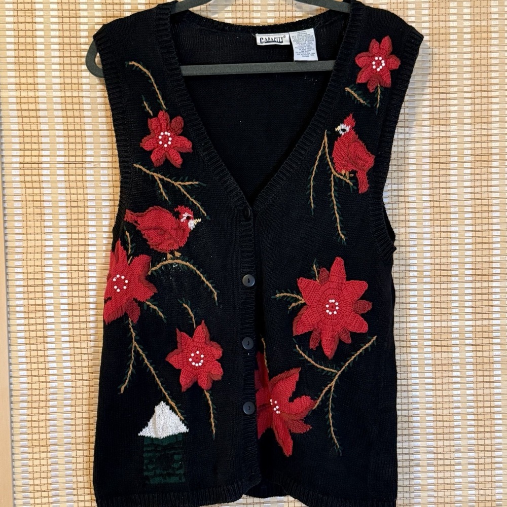 Capacity Womens M‎ Christmas Vest Poinsettias Bird Holiday Ugly Sweater